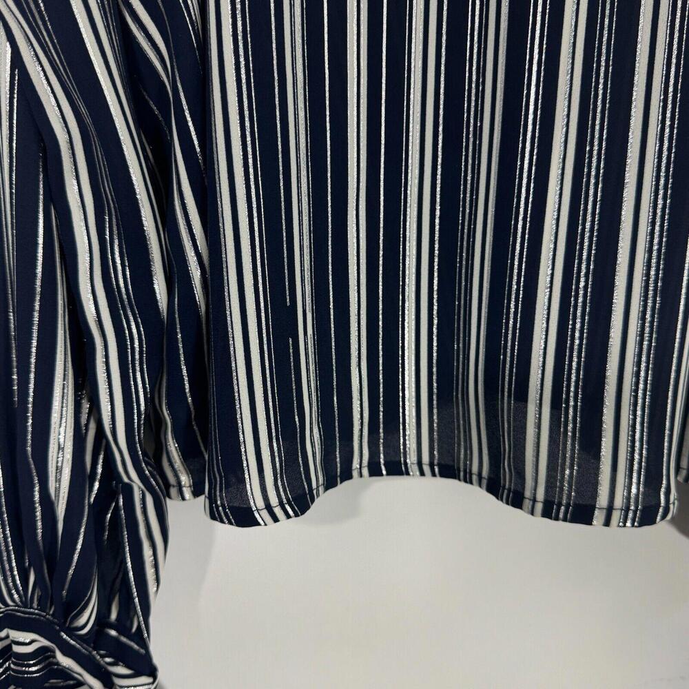 Lush Women’s Size Small Blue Silver Metallic Cold Shoulder Tie Sleeve Blouse - Picture 9 of 11